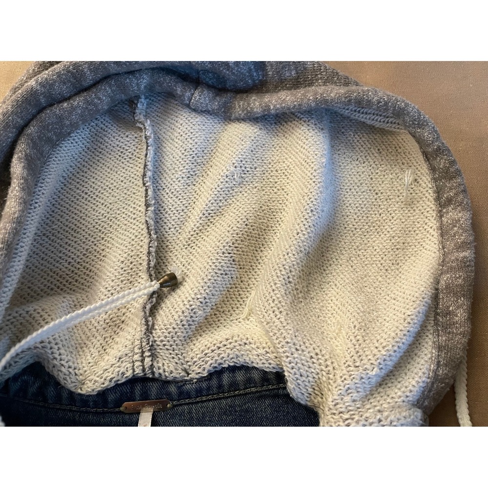 Free People Knit Hooded Denim Jacket Size L Distressed Jean Jacket Tomboy Edgy - Picture 10 of 14
